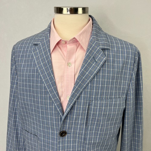 Wallace & Barnes For J.Crew Blue Plaid Cotton Linen Chore Blazer Jacket Men 40R - Picture 3 of 16
