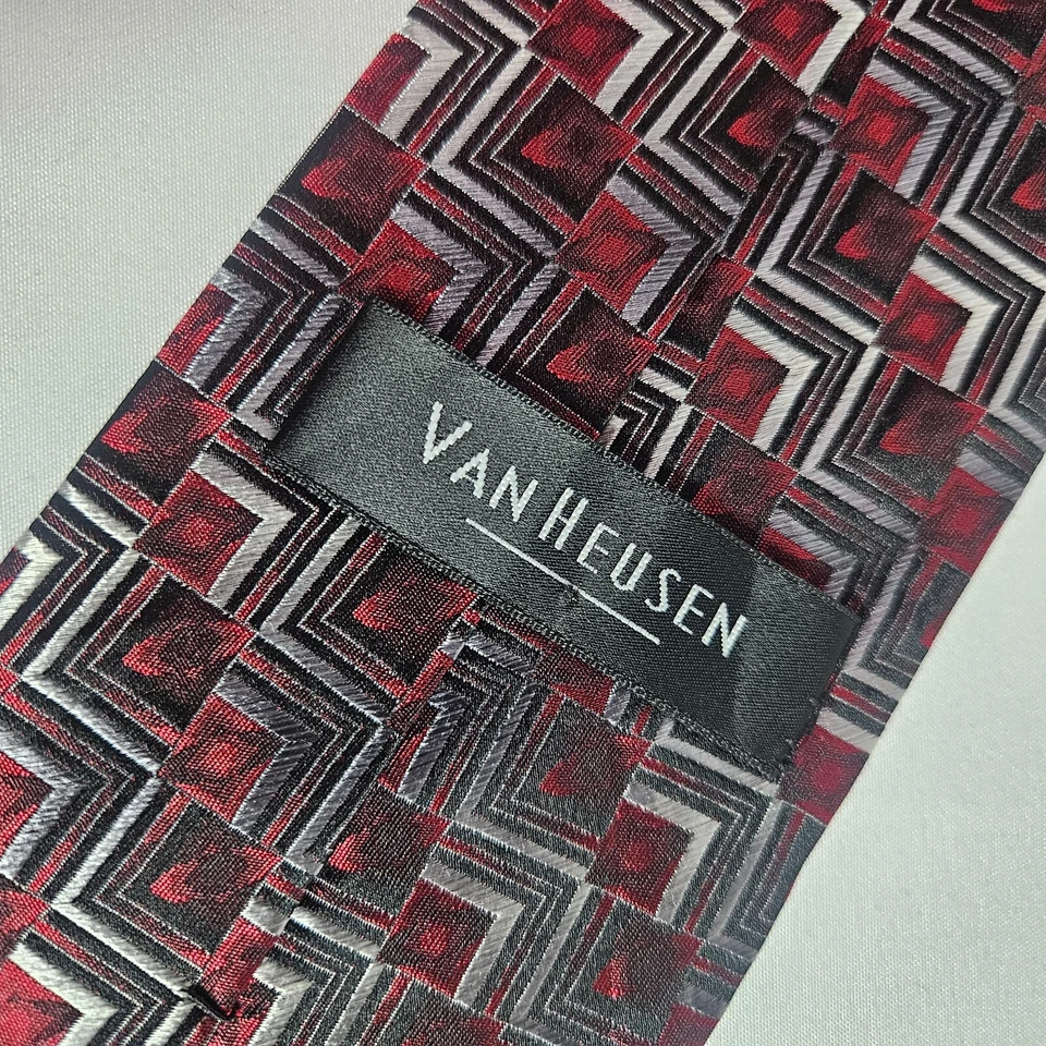 Van Heusen 100% 真丝手工制作领带几何红色棕色 3.75 x 59 — 第 4/4 张图片