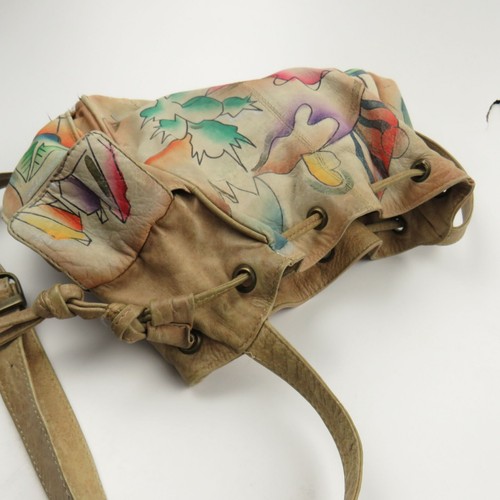 Vintage gebrauchte Sam Sam bemalte Lederkunst Umhängetasche Schultertasche Geldbörse - Bild 2 von 10