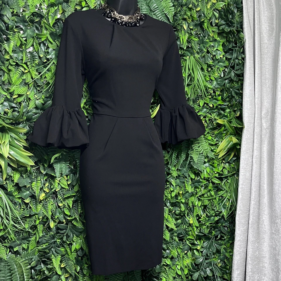Vestido BETSY & ADAM Mujer 4 Negro Funda Cóctel Carrera Manga Campana Plisado 2591 Foto 3 de 4