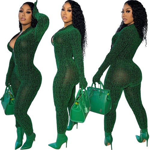 Women Stylish Long Sleeves Patchwork Zipper Bodycon Casual Jumpsuit Romper - Bild 14 von 15