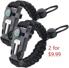 2 Paracord Survival Bracelet2, Fire Starter, Whistle, Compass, Rope Cutter, Para