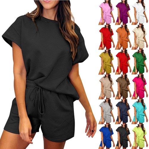 Women's Casual Fashion Sexy Round Neck Short Sleeve Textured Fabric Shorts Set