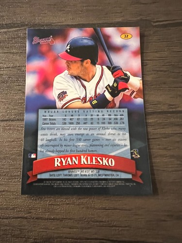 1998 Topps Finest Baseball Card #72 Ryan Klesko, Braves (M9) - Picture 2 of 2