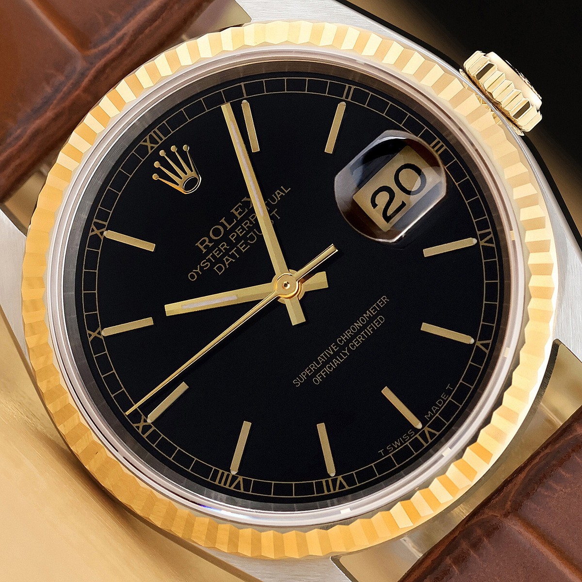 ROLEX DATEJUST 16233 18K YELLOW GOLD STEEL BLACK DIAL BROWN