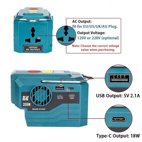 200W Portable Power Inverter for Makita 18V Battery To AC 120V 220V with Light - Picture 2 of 10