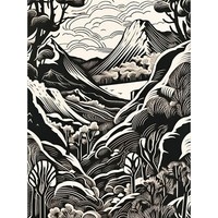 Wald Berglandschaft Schwarz-Weiß Linolschnitt Kunstdruck Leinwand 30X40 Cm