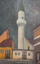 Vintage small oil painting cityscape mosque