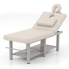 White Adjustable Stationary Massage Table Facial Bed Beauty Open-Chest, Headrest