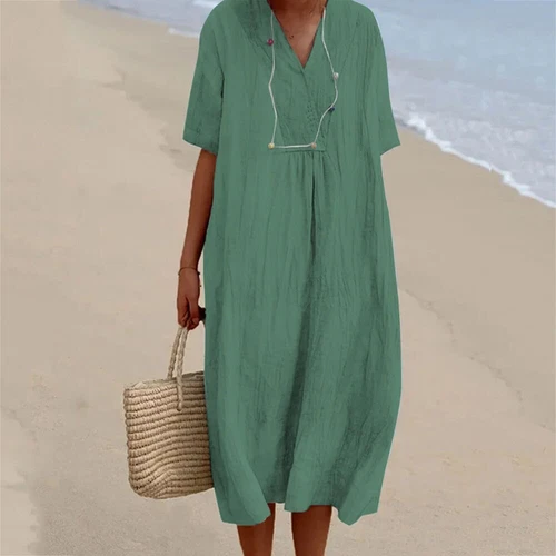 Ladies Cotton Linen V Neck Midi Dress Women Short Sleeve Loose Long Dress US - Bild 5 von 26