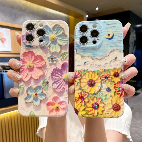 Oil Painting Flower Pattern Diamond Case For iPhone 15 Plus 14 Pro 13 12 11 - Picture 20 of 47
