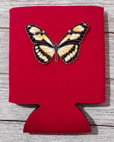 Aplique de tela Koozie lata plegable mariposa espuma roja cerveza refresco