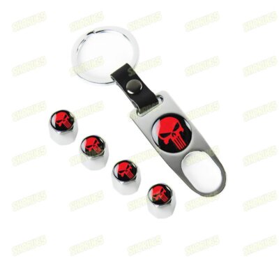4x Skull Punisher Tire Valve Caps + Keychain – Universal Steel Dust Covers