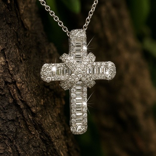 SALE - 1.25Ct 100% Natural Baguette & Round Diamond Cross Pendant In White Gold - Picture 4 of 14