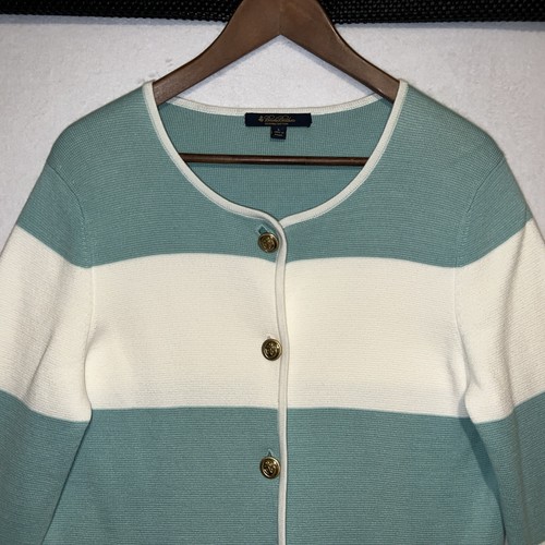 Brooks Brothers Women's Cardigan Sweater 100% Supima Cotton White & Mint Stripe - Picture 2 of 15