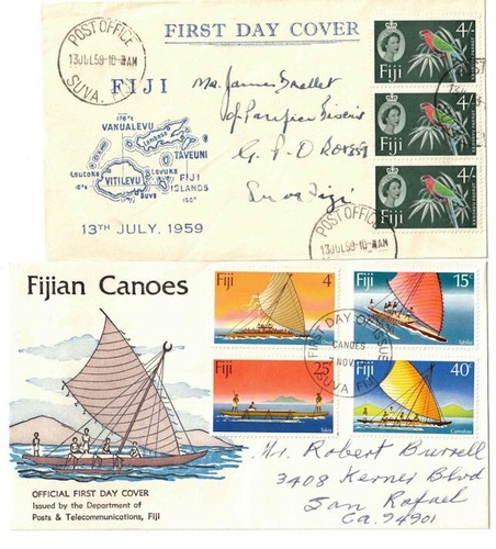 #173 FIDSCHI (4) Ersttagsbriefe Queen Elizabeth, #376-79 Kanus & #257 FIJI - Bild 2 von 2