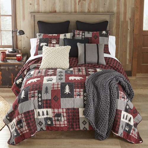 Donna Sharp Bear Peak Queen Quilt Set Cotton Rustic Cabin Red Buffalo Check New - Picture 2 of 6