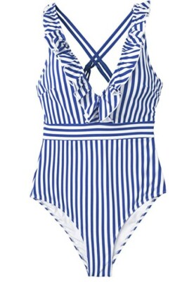 COCOSHIP Women One Piece Blue Swimsuit V-Neck Ruffle Back Cross Size 14(  XL)