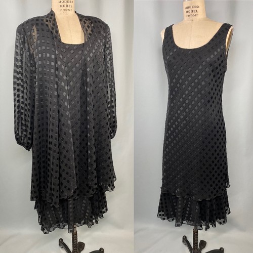 LILLI RUBIN Vintage Dress & Jacket set SIZE LARGE 12 black flapper sheer 80s 90s