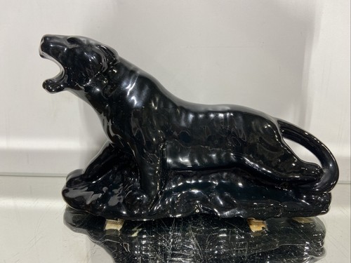 Vintage 1950s MCM Black Ceramic Roar Tiger Table Top Planter  10” Black American
