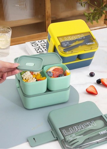 Contenitore Pranzo Portatile Quadrato Plastica Multicolore Moderno Facile da Pulire con Forchetta - Foto 9 di 30