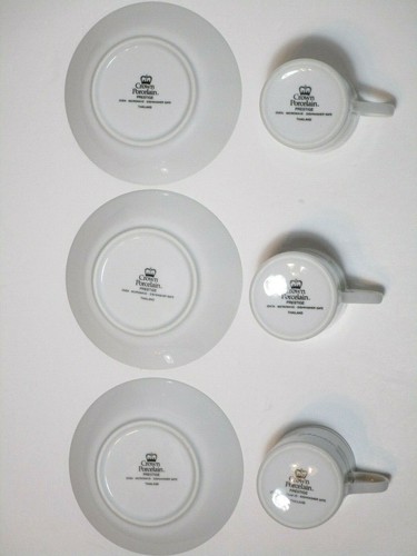 Crown Porcelain PRESTIGE Espresso 3 Cup 3 Saucer Black Letters Red Green Band - Imagen 6 de 7