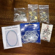 Mixed Jewelry Lot Charms, Silver Rings, Necklace Kit And Miscellaneous Beads