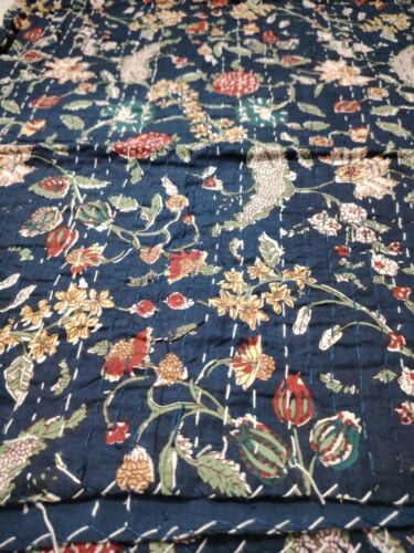 Indian Hand Block Blue Floral Print Cotton Kantha Quilt Throw Blanket Bedspread - Picture 9 of 9