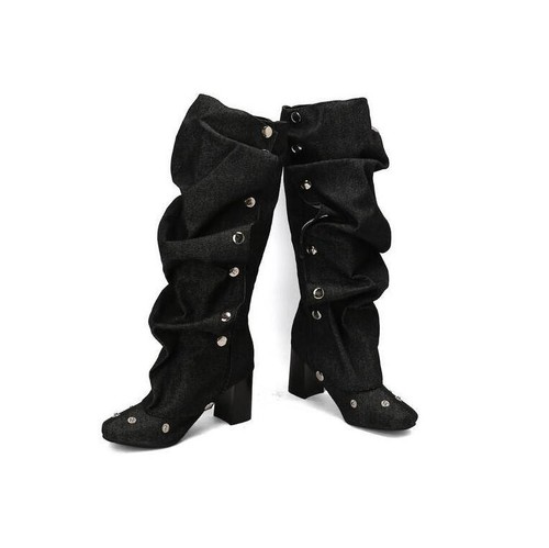 Women Square Toe Block Heel Knee High Boots Denim Fold Over Tube Boot High Heel - Picture 3 of 28