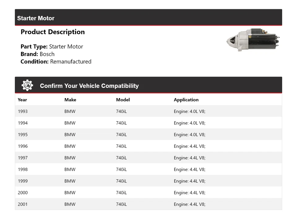 Arranque Bosch para BMW 740iL 1993-2001 (remanufacturado) 1994 1995 1996 1997 1998 Foto 2 de 4