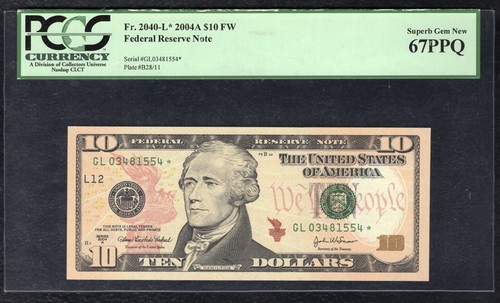 FR. 2040-L* 2004-A $10 FW *STAR* FRN SAN FRANCISCO, CA PCGS GEM UNC-67PPQ - Picture 1 of 2