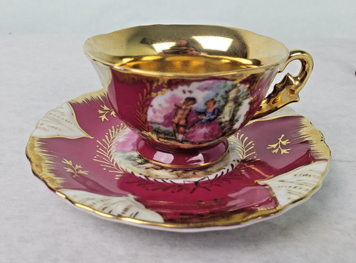 F.M. Limoges Lourdes France Porcelain Teacup & Saucer w/ Stand + Creamer - Picture 2 of 13