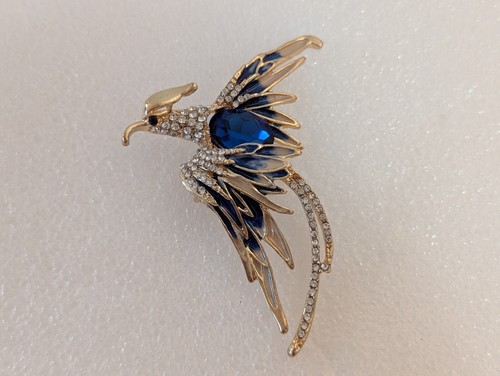 Vtg Gold Tone Blue Rhinestone Enamel Peacock Phoenix Bird Pin Brooch - Picture 6 of 11