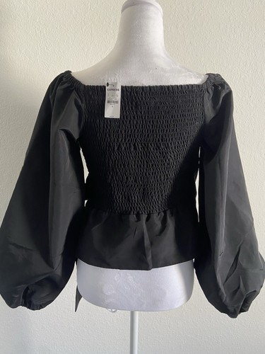 NWT Express Top Womens SMALL Black Taffeta Faux Wrap Cropped Off Shoulder - Picture 6 of 8