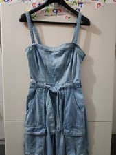 Free People Jumpsuit Womens M Go West Utility Waist Belt Strappy Cutoff Denim