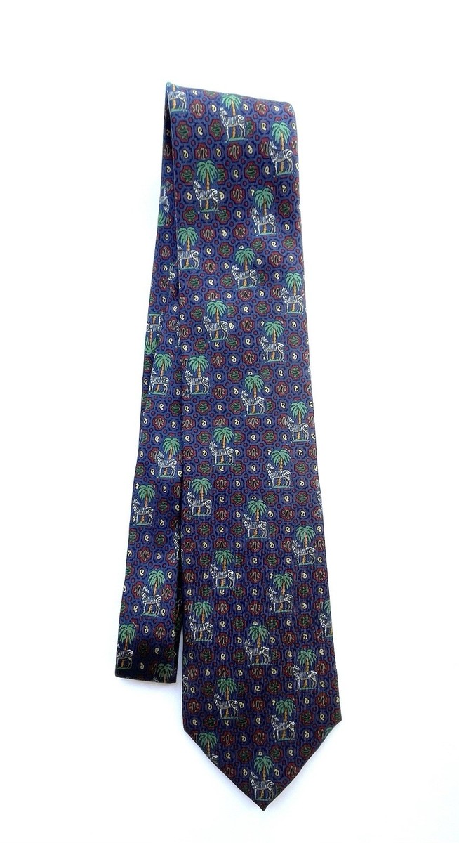 HOLLAND & HOLLAND NECKTIE TIE, Safari Zebra & Palm Tree, 100% Silk, England RARE