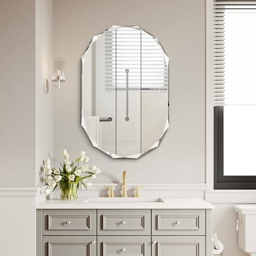 Single Beveled Edge Bathroom Vanity Mirror, 23.6" x 35.4" Oval Wall Mirror, - Picture 3 of 8