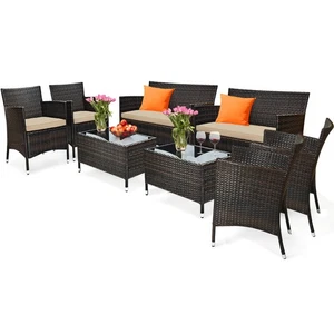 8 PCS Patio Garden Rattan Furniture Set Coffee Table Cushioned Sofa Brown