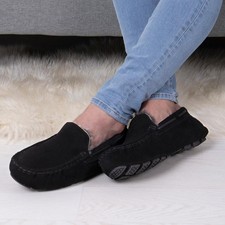 Totes Mens Slippers Black Adults Moccasin Full Hard Sole Faux Fur Lined SIZE
