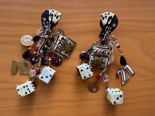 HUGE VTG Lunch at The Ritz Las Vegas Clip-on Earrings 1998 Poker Casino Slot