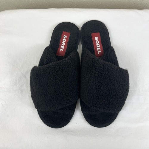 Sorel Go Mail Run Faux Sherpa Criss Cross Slippers Womens Size 10 Black - Picture 3 of 5