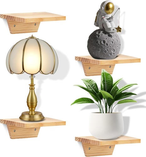 PHOENANCEE Small Floating Shelves,Trapezoid Wall Shelf Set of 2, Natural Wood - Picture 8 of 9