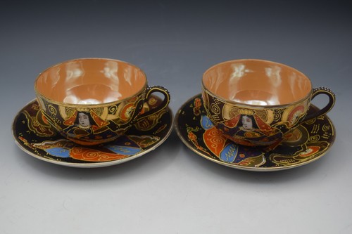 SATSUMA NIPPON MORIAGE SET OF 2 TEACUPS AND SAUCERS ANTIQUE IMMORTALS - Picture 5 of 9