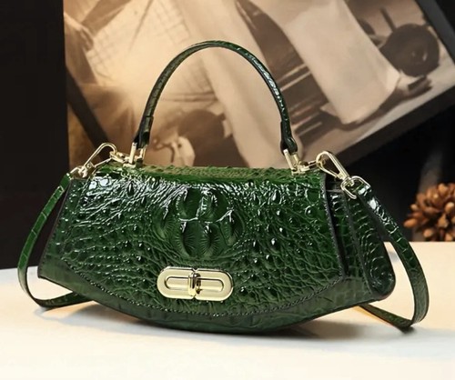 Elegante Bolso de Mano Estilo Vintage Patrón de Cocodrilo Repujado Verde Oscuro Imitación Cuero - Imagen 8 de 15