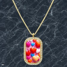 Amazing Colorful Hearts Pendant Necklace Photo Design Exquisite Gold Tone Rare