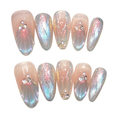 10pcs Long Almond Pink French Glitter Sequins Fake Nail Press On Nails False - Picture 1 of 13