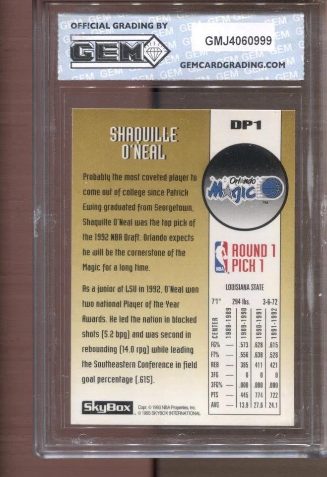 1992-93 Shaquille O'Neal Skybox DP #DP1 Gem Mint 10 RC Rookie LA Lakers - Image 2 of 2