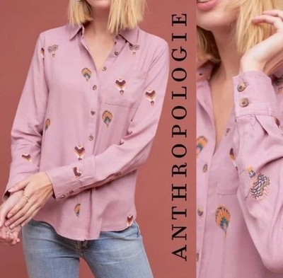 Anthropologie ''County Fair'' Embroidered Hot Air Balloon Button Down Top 4P
