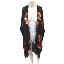 Floral Kimono Black Orange Open Front One Size Boho Resort Hawaiian Tropical