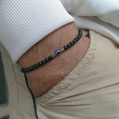 Natural Black Tourmaline Evil Eye 4mm Beads Empath Protection Stretch Bracelet